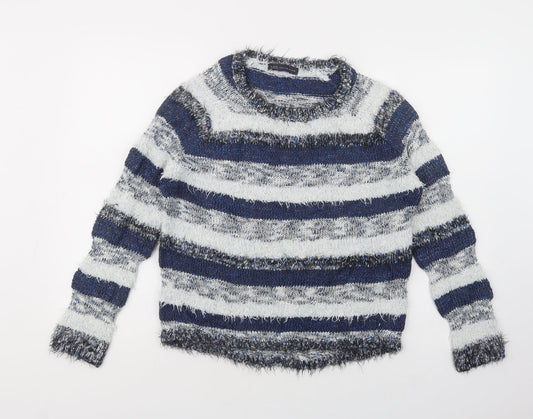Marks and Spencer Womens Blue Scoop Neck Striped Acrylic Pullover Jumper Size 10