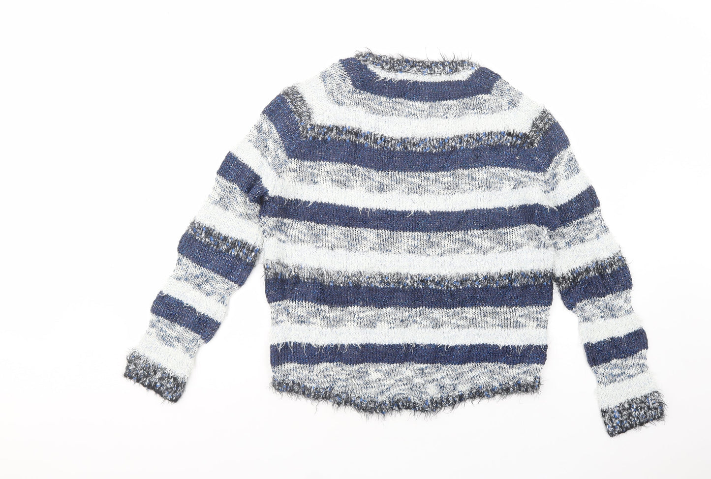 Marks and Spencer Womens Blue Scoop Neck Striped Acrylic Pullover Jumper Size 10
