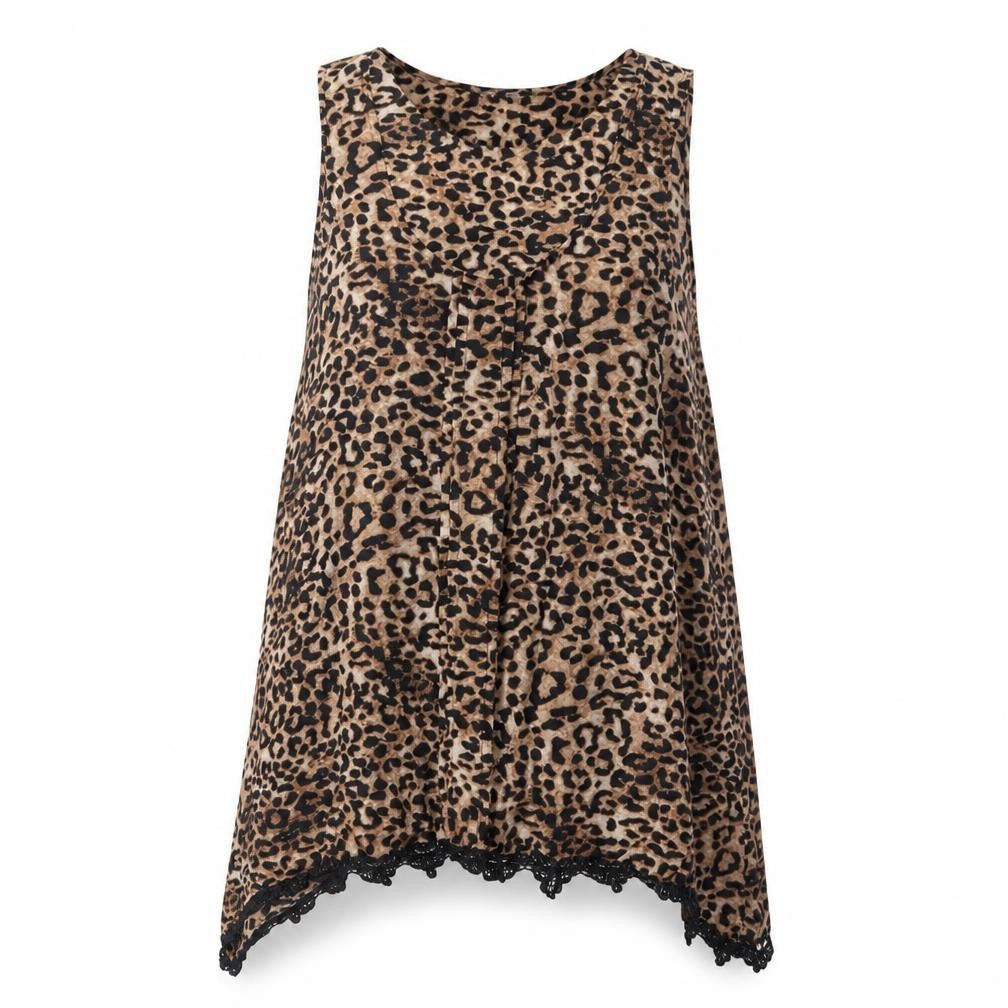 Charming Charlie Womens Brown Animal Print Polyester Basic Blouse Size L Scoop Neck