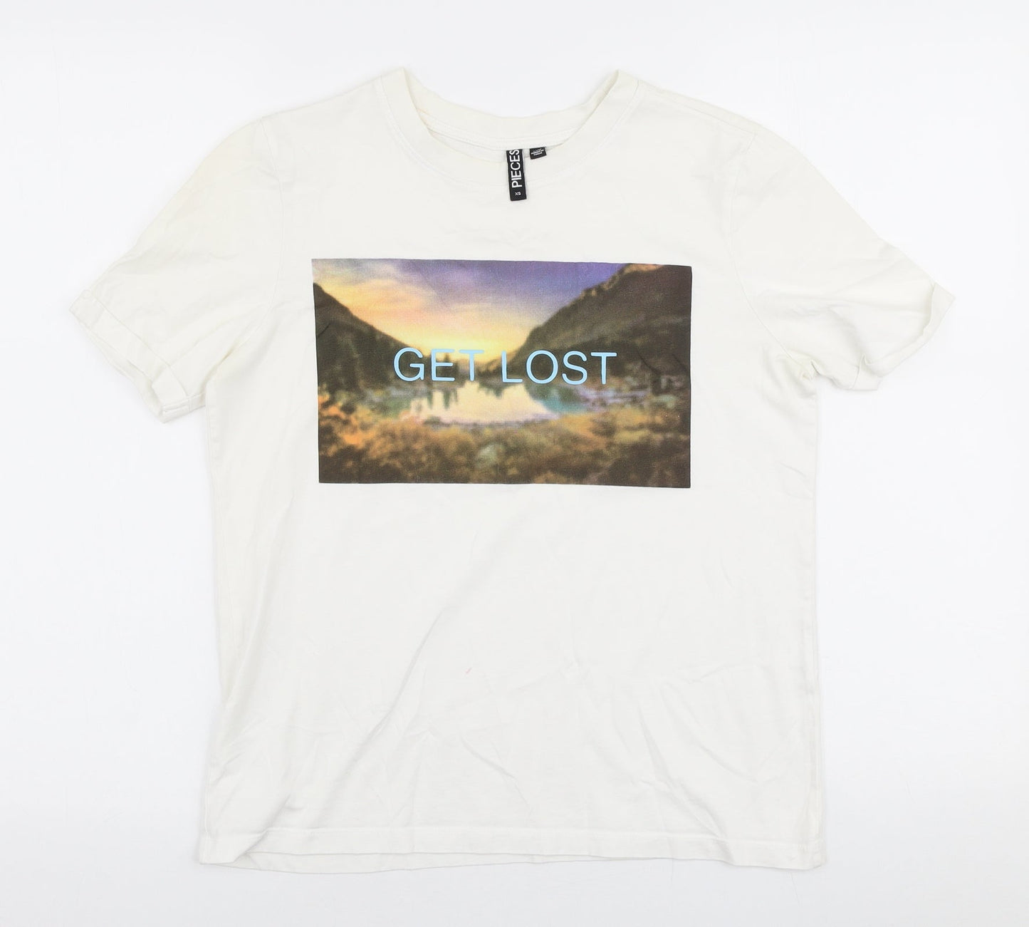 Pieces Womens White  Polyester Jersey T-Shirt Size XS Round Neck - Get lost