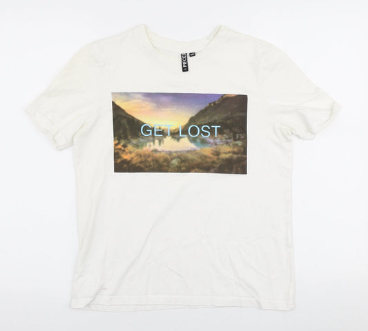 Pieces Womens White  Polyester Jersey T-Shirt Size XS Round Neck - Get lost