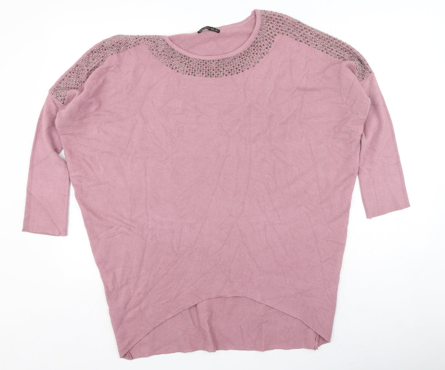 Studio Womens Pink Scoop Neck  Viscose Pullover Jumper One Size   - sequins around neckline