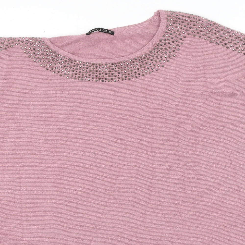 Studio Womens Pink Scoop Neck  Viscose Pullover Jumper One Size   - sequins around neckline