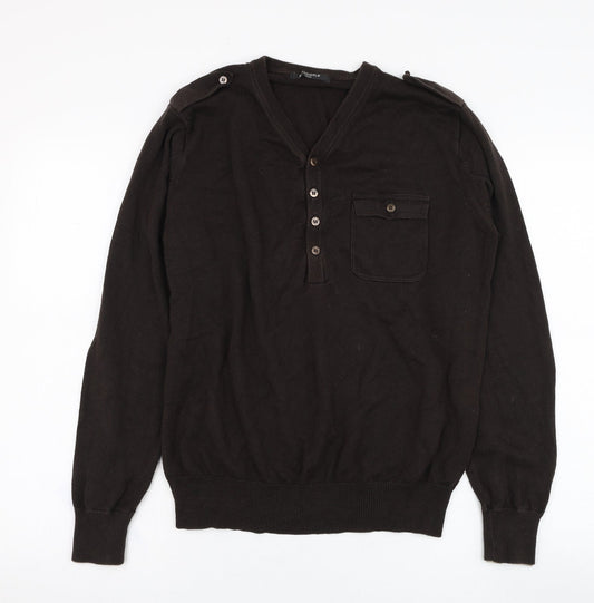 Full Circle Mens Brown V-Neck  Cotton Pullover Jumper Size L