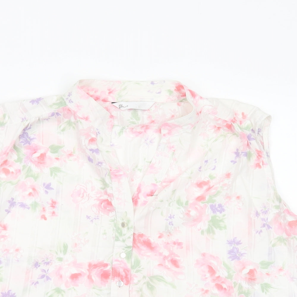 BHS Womens White Floral Polyester Basic Blouse Size 18 V-Neck