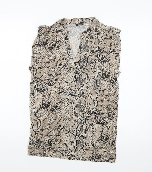 Dunnes Stores Womens Beige Animal Print Viscose Basic Blouse Size 12 V-Neck