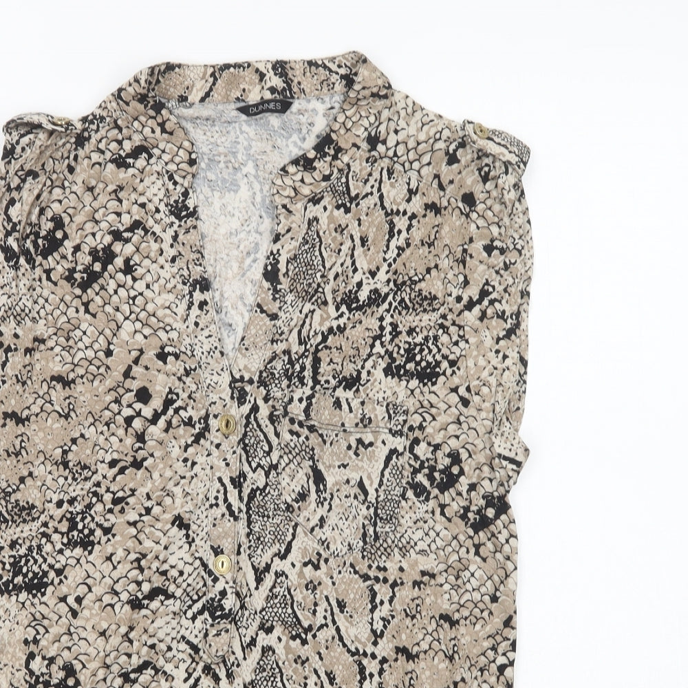 Dunnes Stores Womens Beige Animal Print Viscose Basic Blouse Size 12 V-Neck