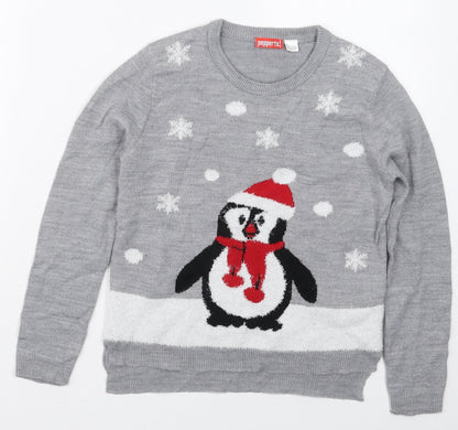Preloved Pepperts Girls Grey Crew Neck  Acrylic Pullover Jumper    - Penguin - Front