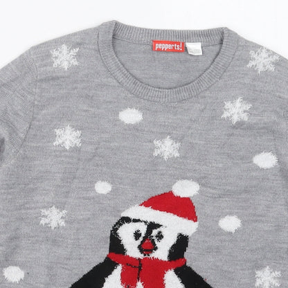 Preloved Pepperts Girls Grey Crew Neck  Acrylic Pullover Jumper    - Penguin - Detail