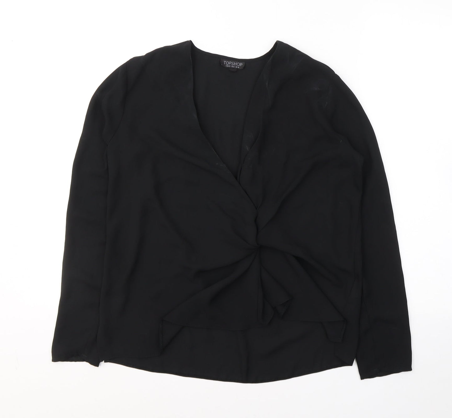 Topshop Womens Black  Polyester Basic Blouse Size 12 V-Neck - knot detail