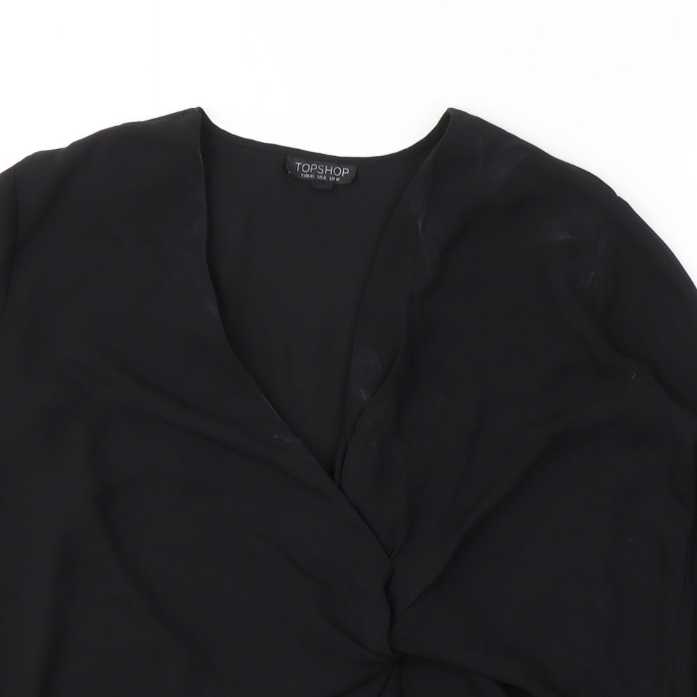 Topshop Womens Black  Polyester Basic Blouse Size 12 V-Neck - knot detail