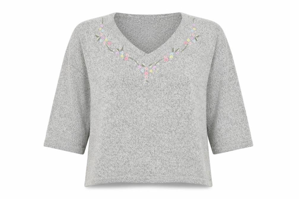Damart Womens Grey V-Neck  Acrylic Pullover Jumper Size 30   - Flower