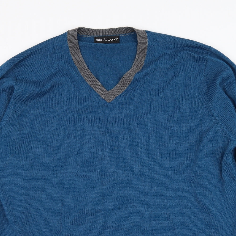 Marks and Spencer Mens Blue V-Neck  Acrylic Pullover Jumper Size L