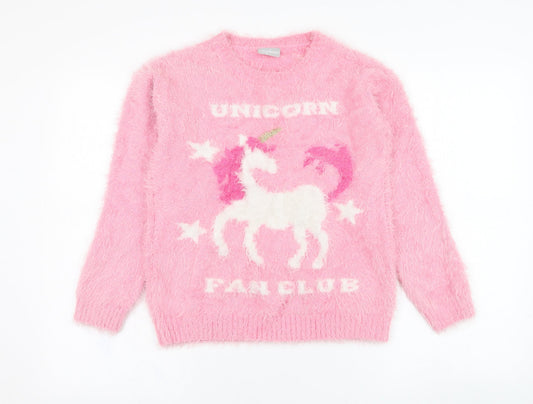 Matalan Girls Pink Round Neck  Polyamide Pullover Jumper Size 13 Years  Pullover - Unicorn
