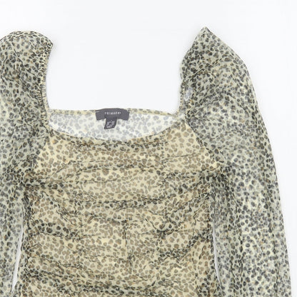 Primark Womens Brown Animal Print Polyester Basic Blouse Size S Square Neck