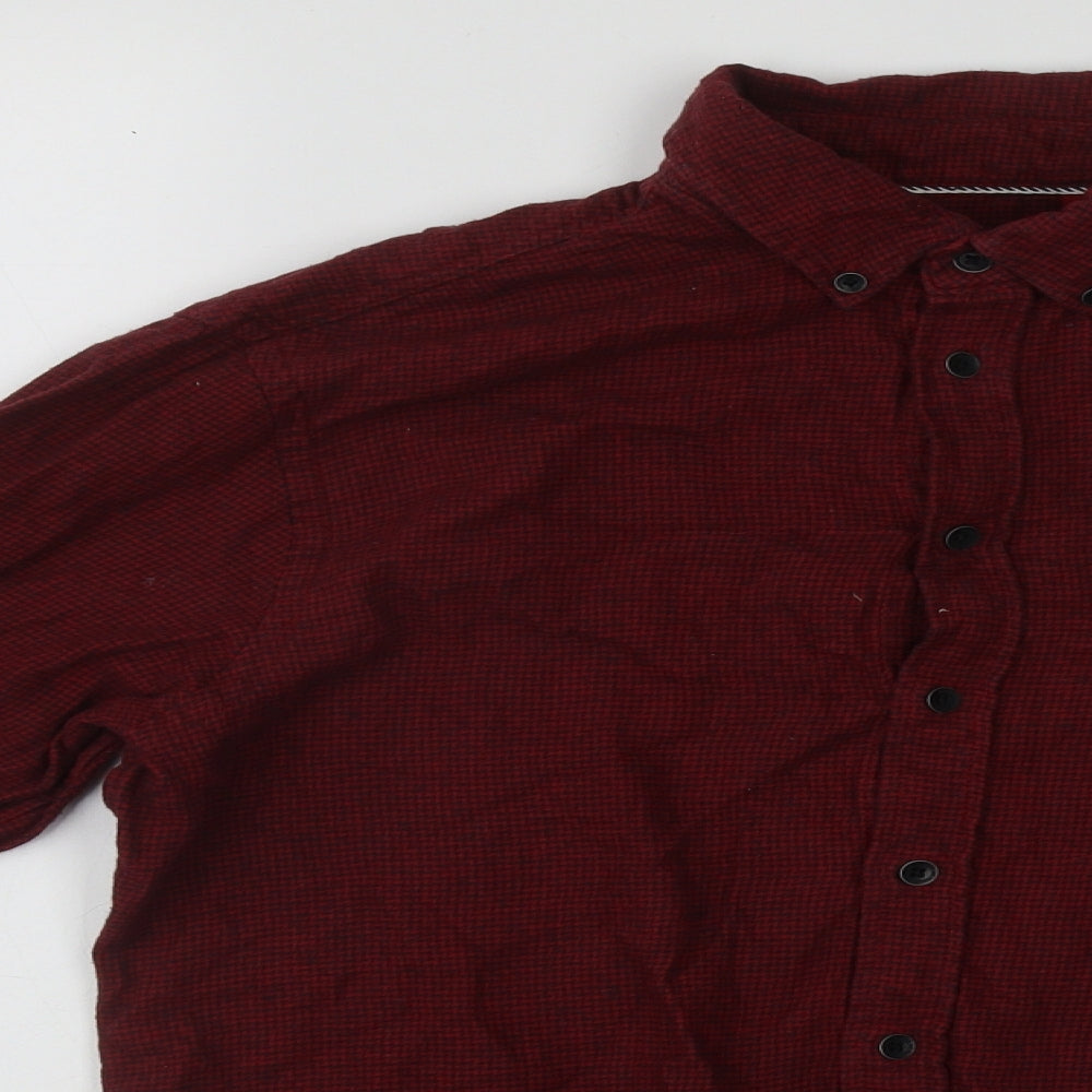 Blend Mens Red Plaid Cotton  Button-Up Size S Collared Button
