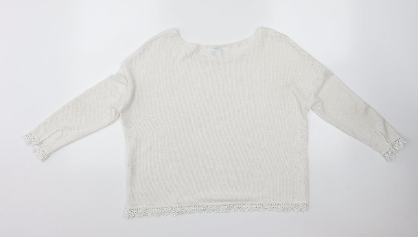 Blue Vanilla Womens White Scoop Neck  Polyester Pullover Jumper Size S