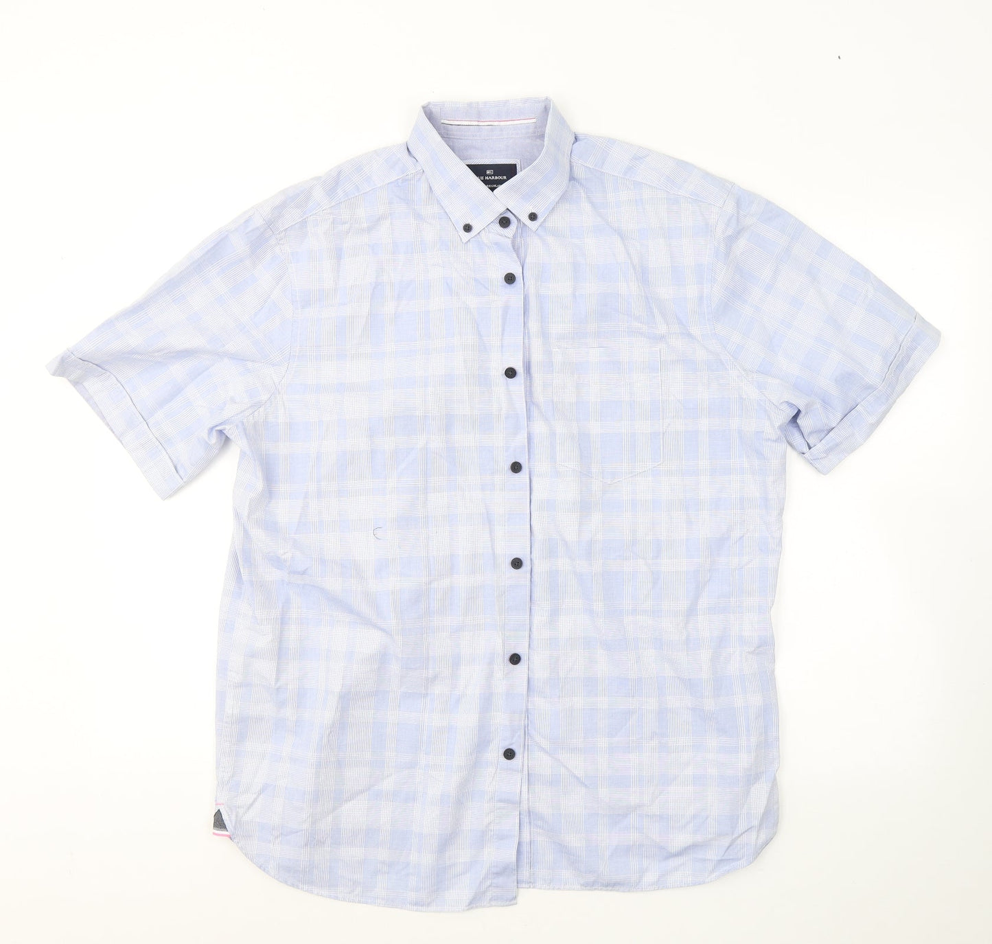 Blue Harbour Mens Blue Plaid Cotton  Button-Up Size L Collared Button
