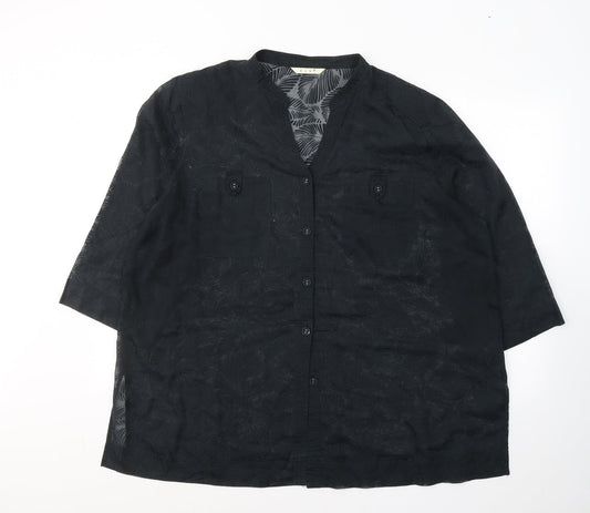 ELVI Womens Black Floral Polyester Basic Button-Up Size 26 Collared