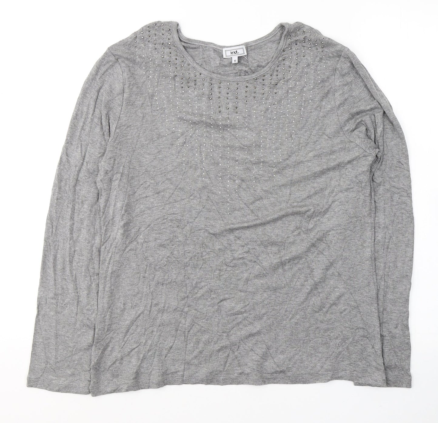 text. Womens Grey  Viscose Jersey Blouse Size M Round Neck