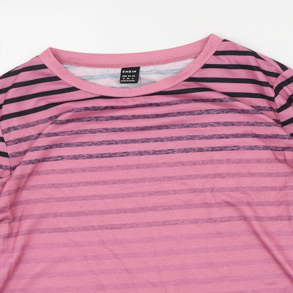 SHEIN Womens Pink Striped Polyester Basic T-Shirt Size S Round Neck