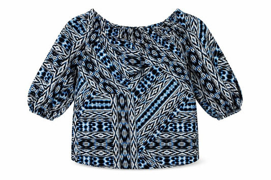 F&F Womens Blue Geometric Polyester Basic Blouse Size 6 Off the Shoulder