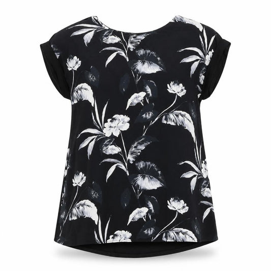 F&F Womens Black Floral Viscose Tunic T-Shirt Size 8 Round Neck