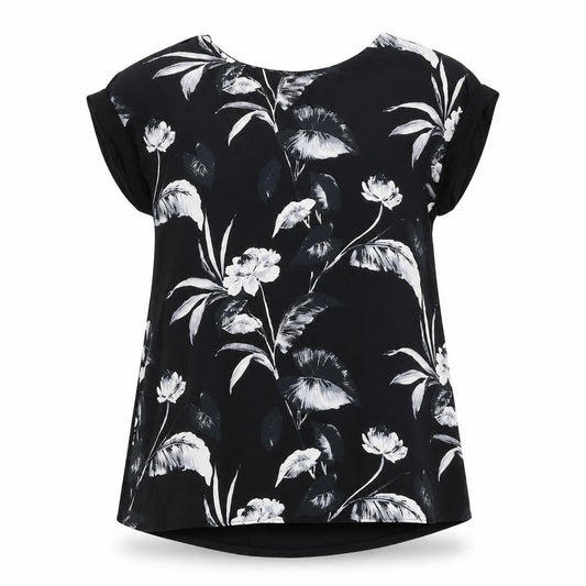 F&F Womens Black Floral Viscose Tunic T-Shirt Size 8 Round Neck