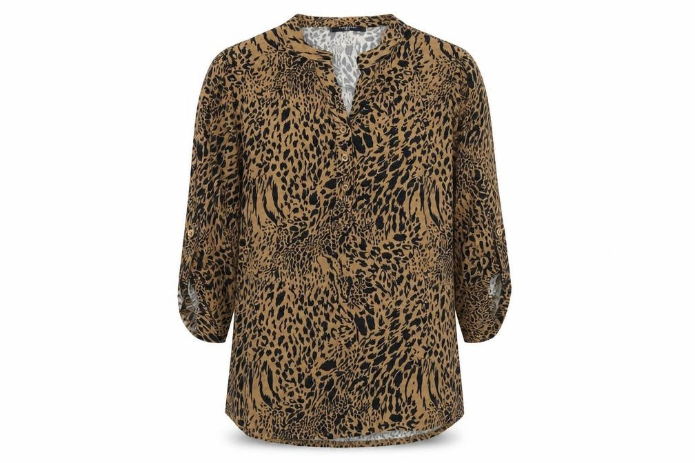 Zabaione Womens Brown Animal Print Viscose Basic Blouse Size L V-Neck
