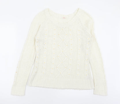 evie Womens White Boat Neck  Acrylic Pullover Jumper Size 10