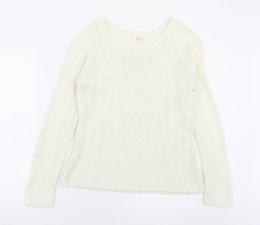 evie Womens White Boat Neck  Acrylic Pullover Jumper Size 10