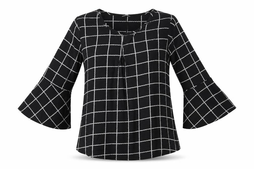 Diya Womens Black Check Cotton Basic Blouse Size L Crew Neck