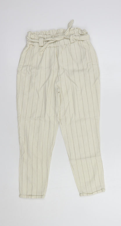 Dunnes Girls Ivory Striped Cotton Chino Trousers Size 8 Years  Regular Tie