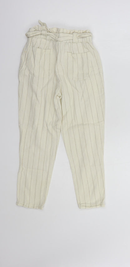 Dunnes Girls Ivory Striped Cotton Chino Trousers Size 8 Years  Regular Tie