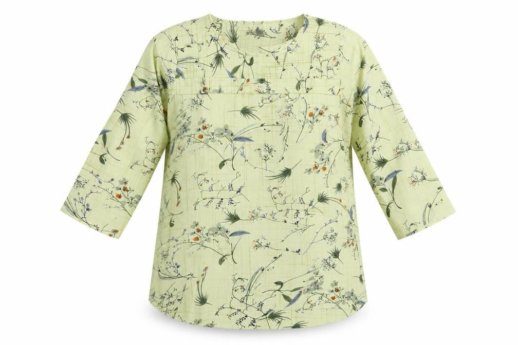 Diya Womens Green Floral Cotton Basic Blouse Size L Crew Neck