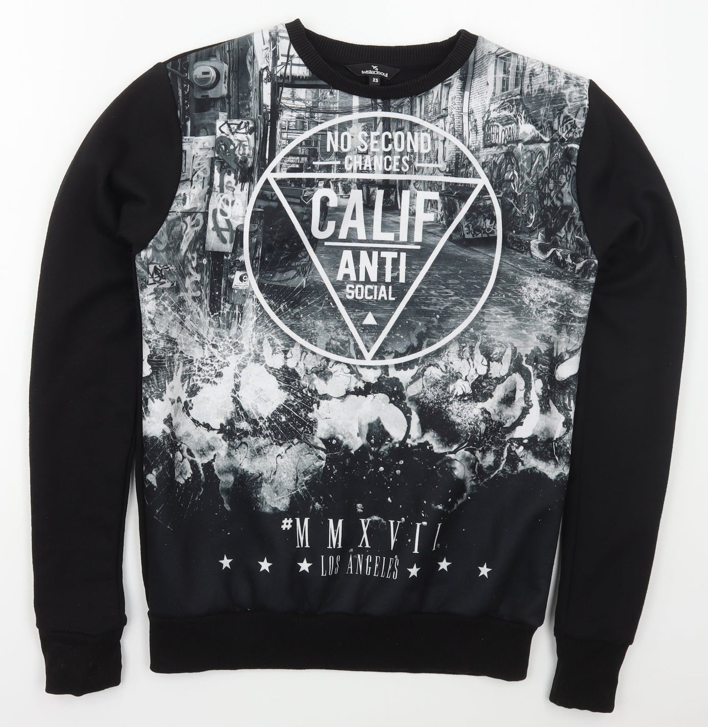 River Island Mens Black  Polyester Pullover Sweatshirt Size XS   - No Second Chances Anti Social