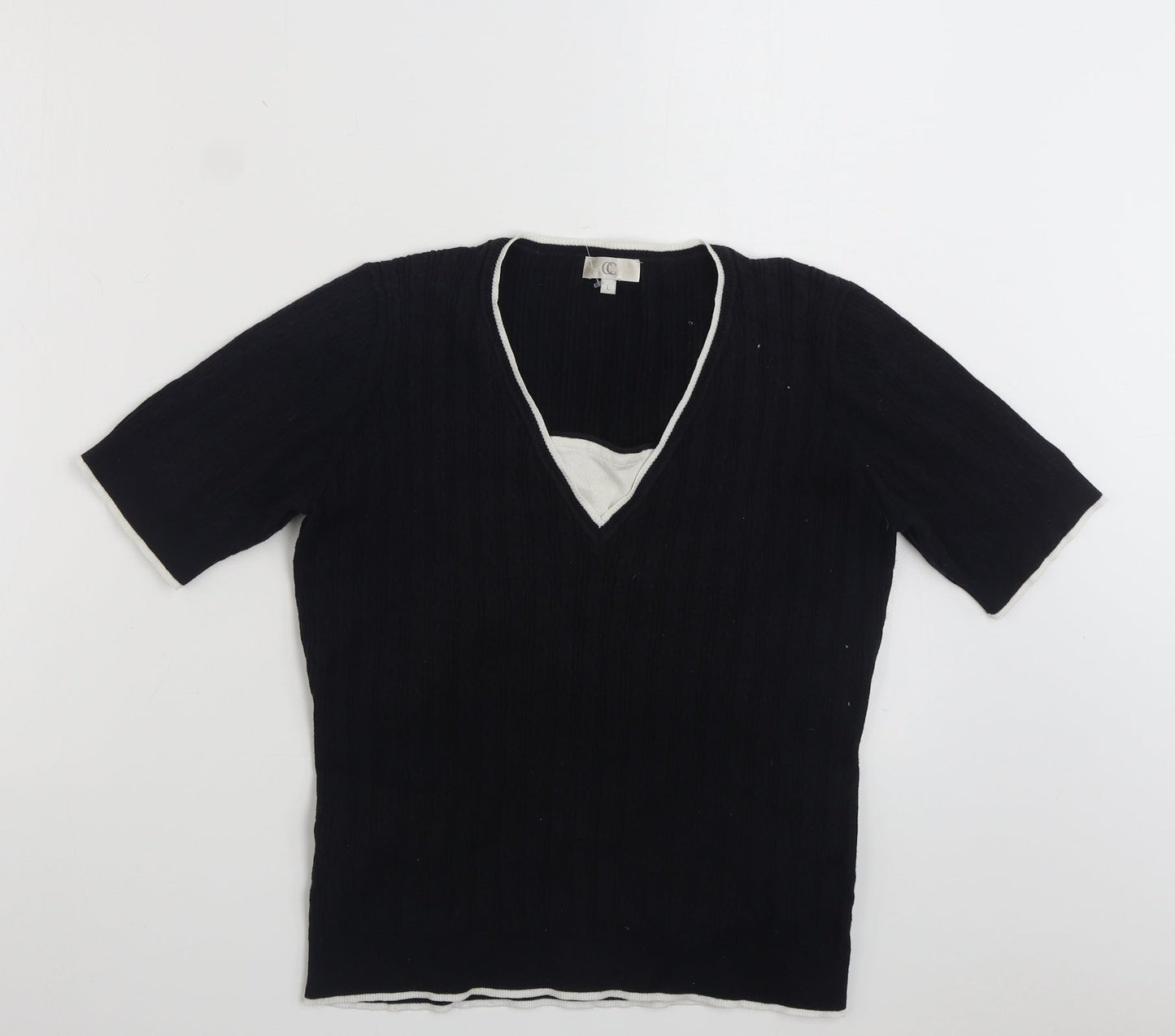 CC Womens Black V-Neck  Cotton Pullover Jumper Size L