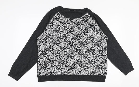 Marks and Spencer Womens Grey Round Neck Floral Polyester Pullover Jumper Size 14