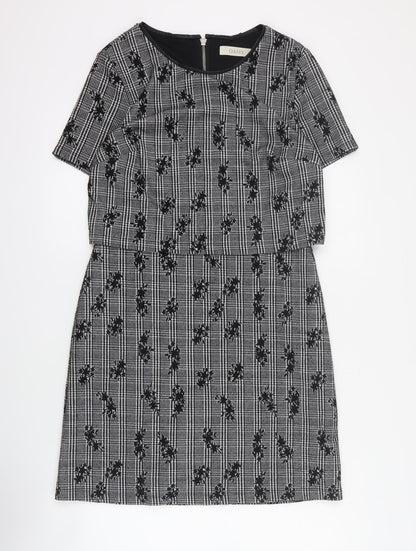 Oasis Womens Black Houndstooth Polyester A-Line  Size S  Round Neck Zip