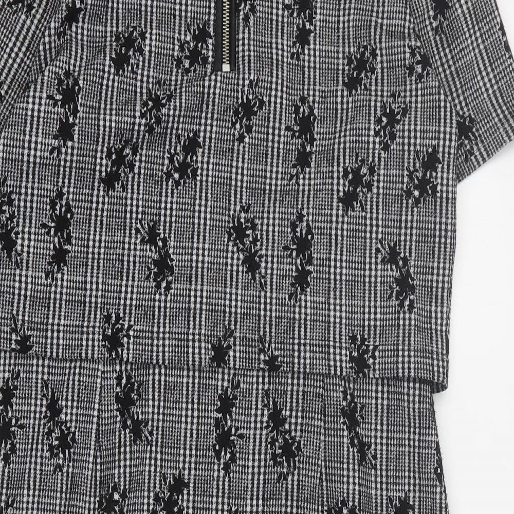 Oasis Womens Black Houndstooth Polyester A-Line  Size S  Round Neck Zip