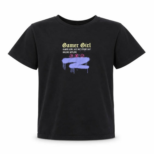 George Girls Black  Cotton Basic T-Shirt Size 6-7 Years Round Neck  - Girl Gamer