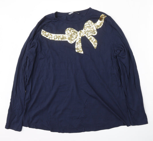 Very Womens Blue  Cotton Basic T-Shirt Size 18 Round Neck - bow detail