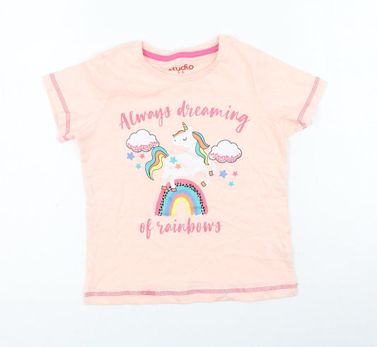 Studio Girls Pink  Cotton Basic T-Shirt Size 5-6 Years Round Neck  - Unicorn
