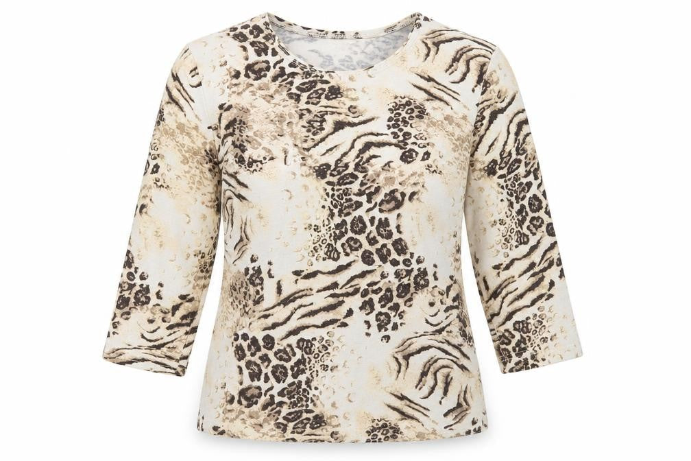 TIGI Womens Brown Animal Print Polyester Basic T-Shirt Size 10 Crew Neck