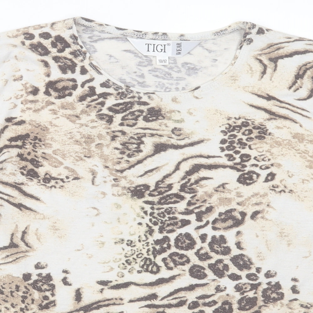 TIGI Womens Brown Animal Print Polyester Basic T-Shirt Size 10 Crew Neck
