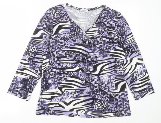 Gelco Womens Purple Animal Print Polyester Basic T-Shirt Size 12 V-Neck
