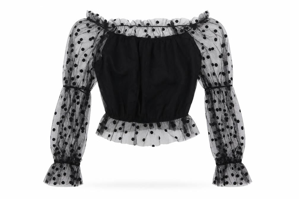 SheIn Womens Black Polka Dot Polyester Cropped Blouse Size S Boat Neck