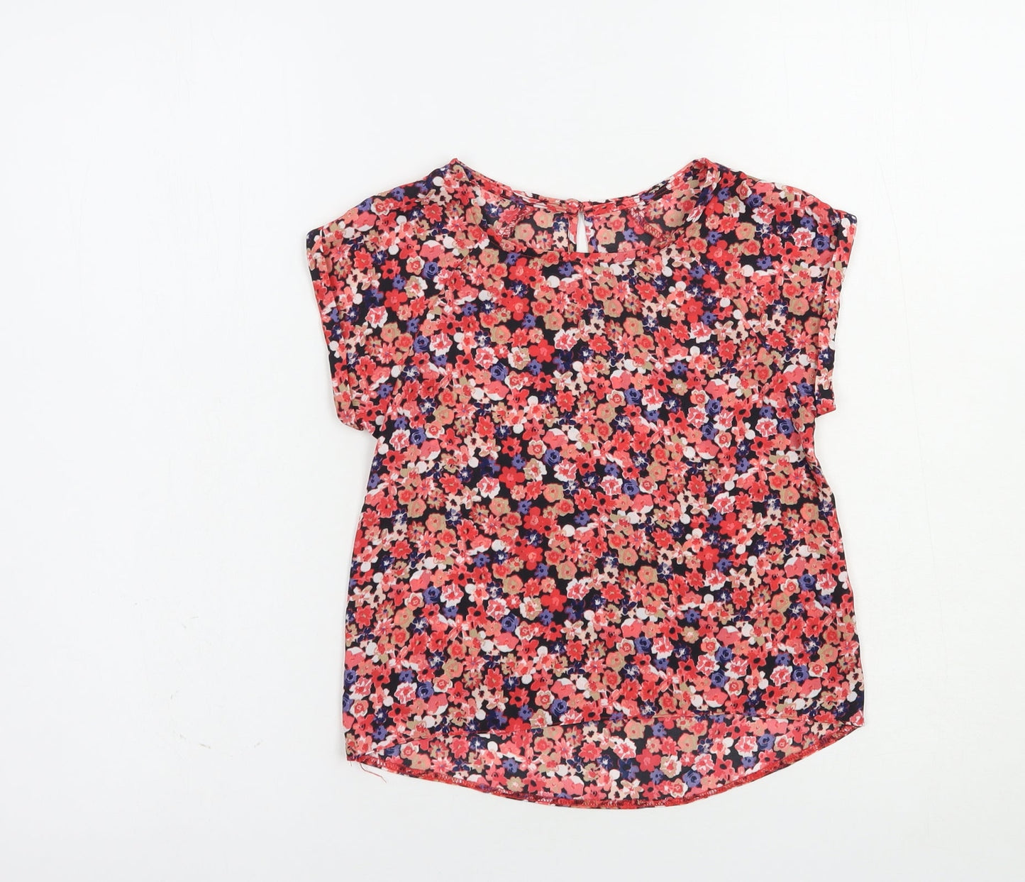 Dunnes Girls Red Floral Polyester Basic Blouse Size 7 Years Crew Neck Button