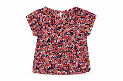 Dunnes Girls Red Floral Polyester Basic Blouse Size 7 Years Crew Neck Button
