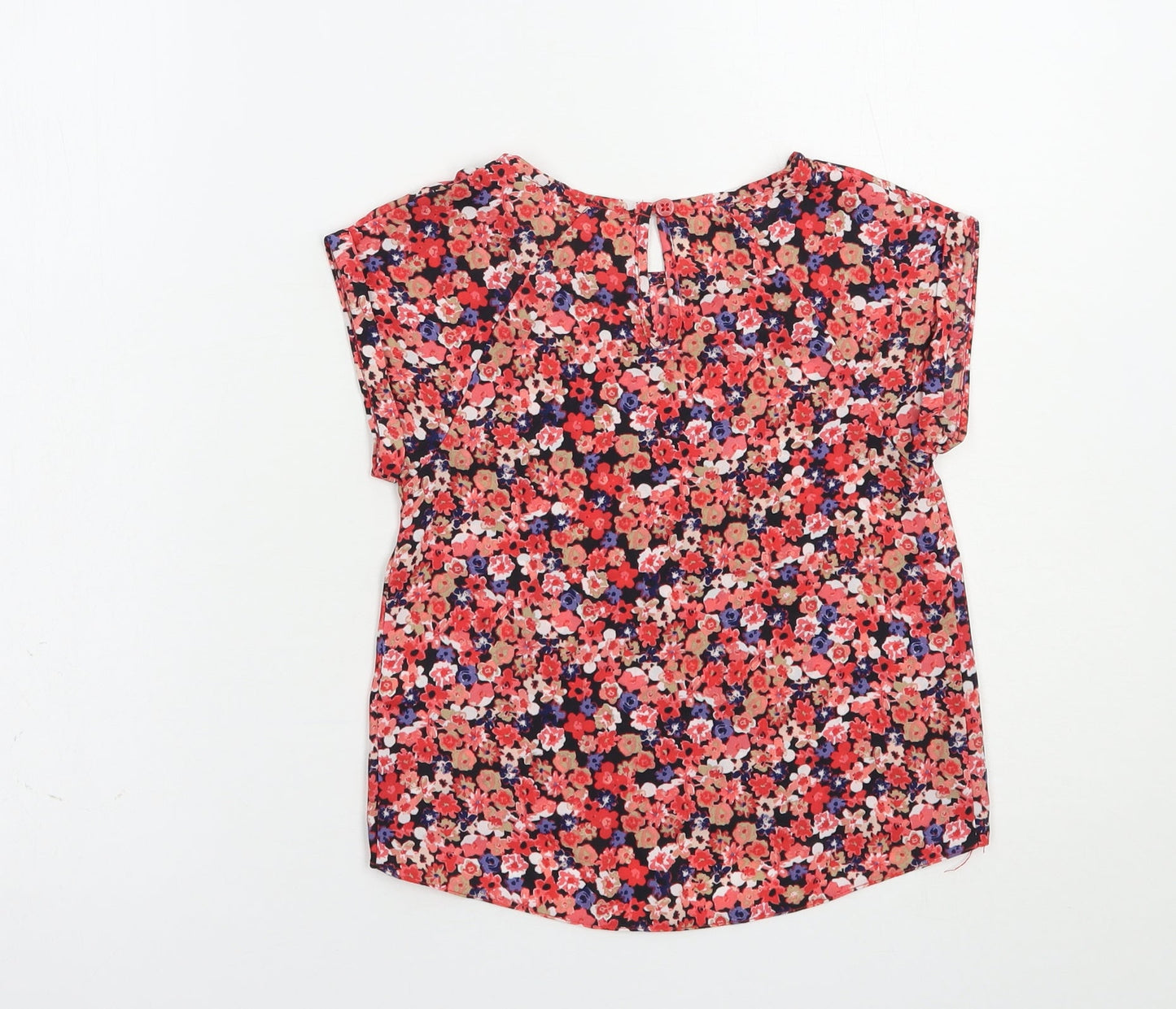 Dunnes Girls Red Floral Polyester Basic Blouse Size 7 Years Crew Neck Button